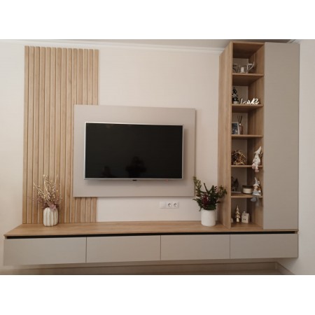 Mobilă living modernă cu iluminare LED integrată, design elegant și spații de depozitare pentru living contemporan